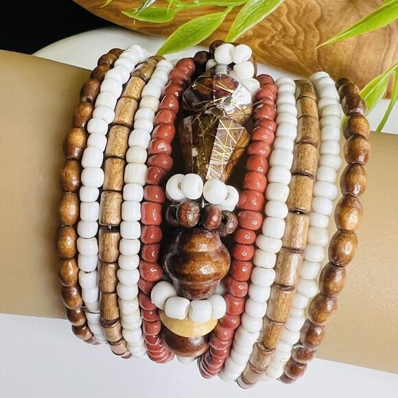 BOHO Multi Strand Memory Wire BRACELET Brown Red Cream Wood white Red Beads 1524 - Picture 1 of 4